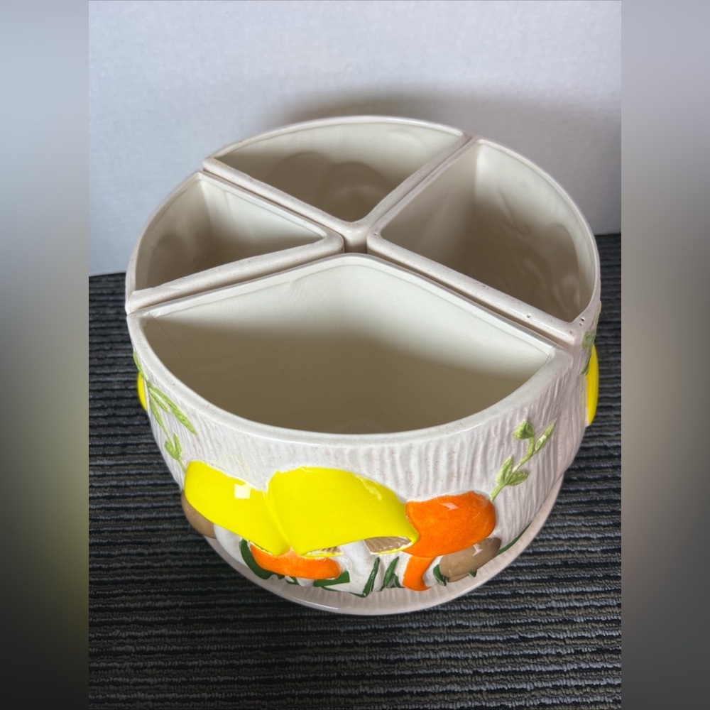 Vtg 1974 Arnels 3D Mushroom Divided 4 Canister Lazy Susan W/Lid & Tray-Ceramic - Picture 9 of 16